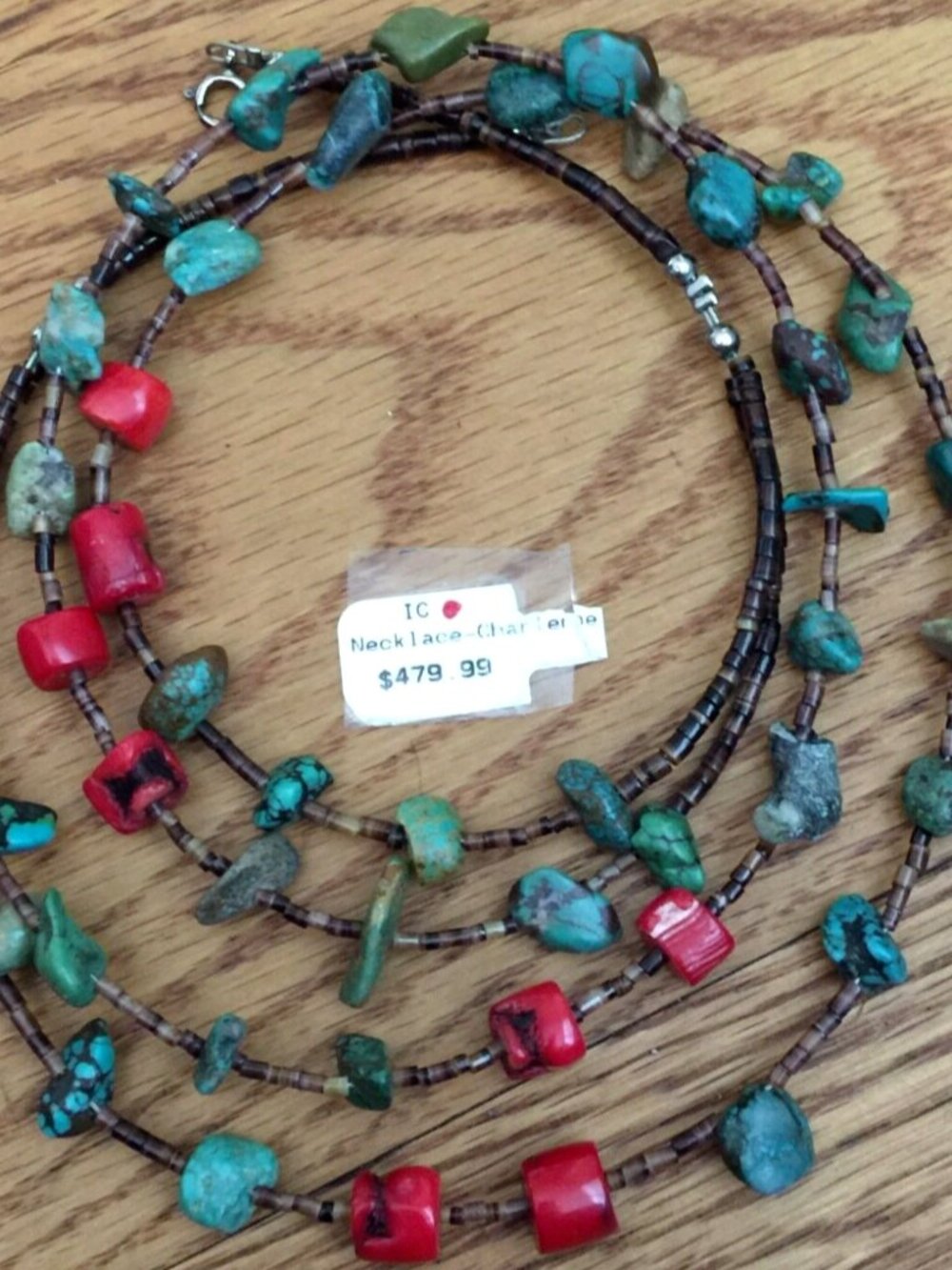 VINTAGE NAVAJO CHARLENE LITTLE 2-STRAND CORAL TURQUOISE HEISHI BEADED NECKLACE